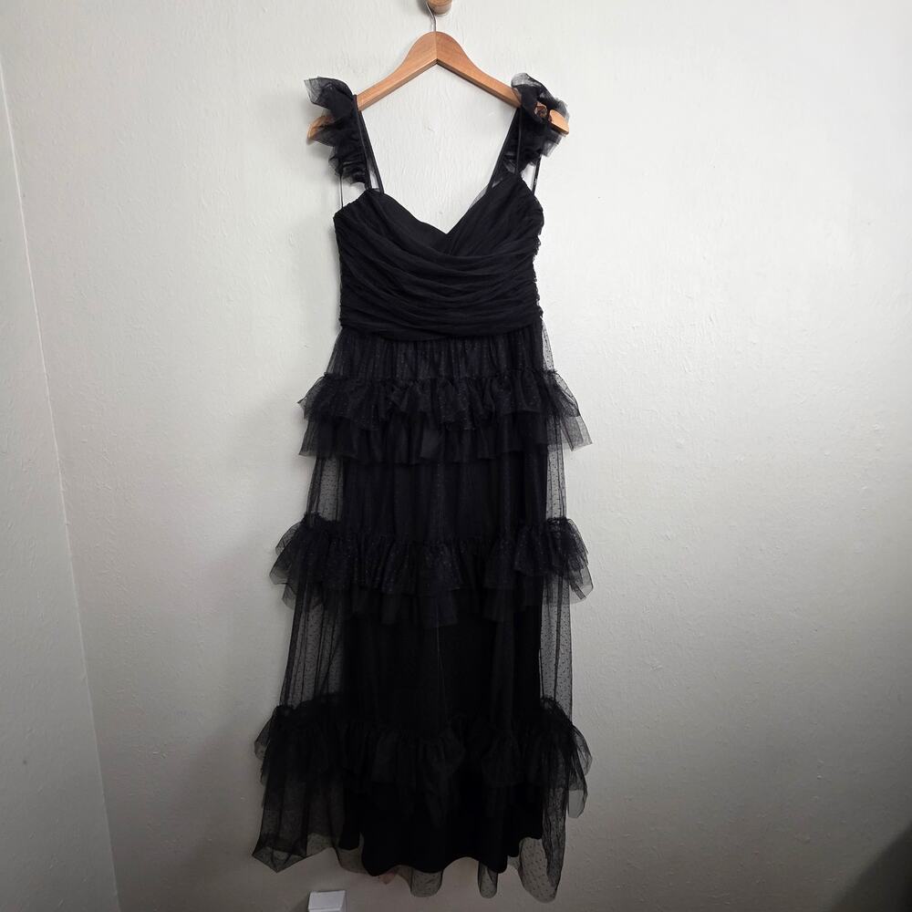 NWT Lulus Pure Radiance Black Mesh Swiss Dot Tiered Maxi Dress Large - Picture 5 of 12